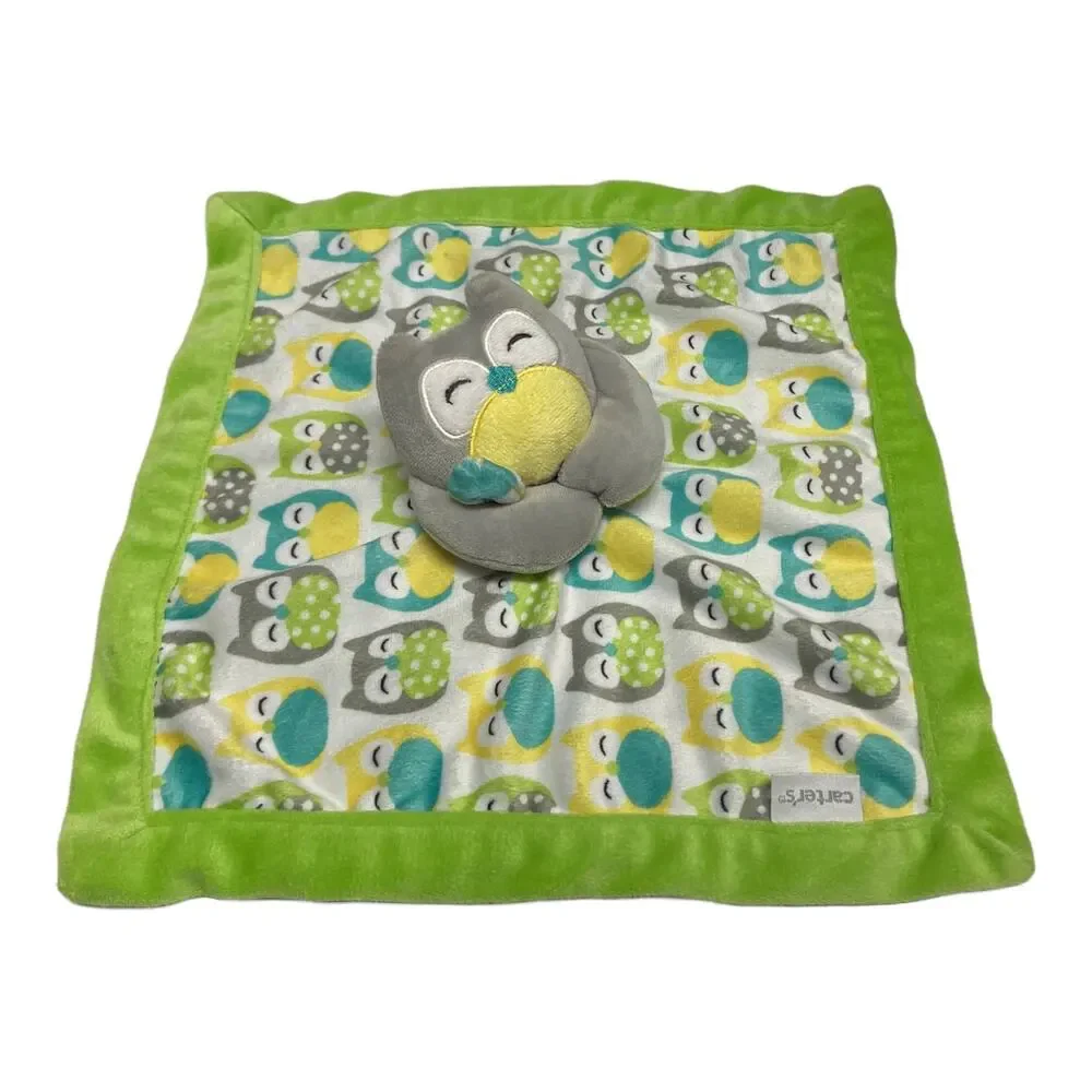 Carter's Gray Owl Plush‎ Velour Lovey Security Blanket 67039 Green Yellow 14